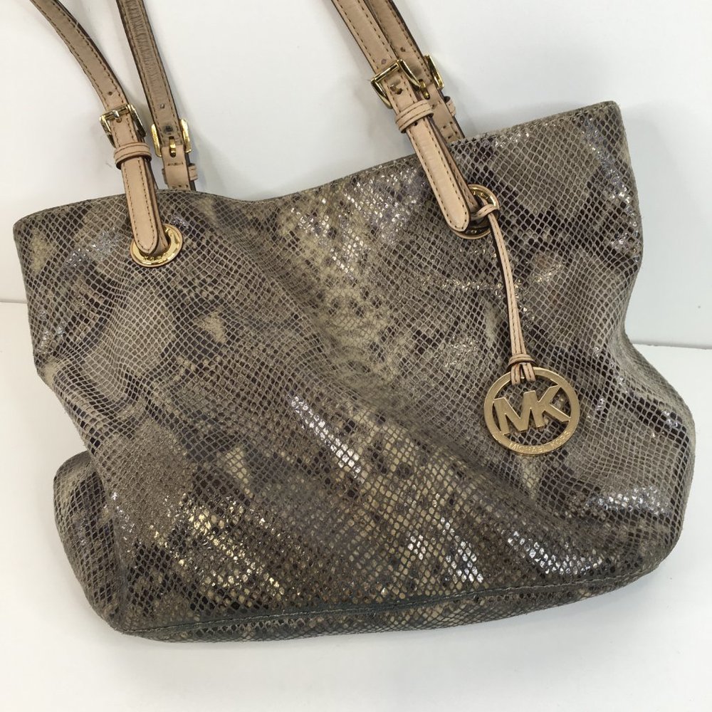 MICHAEL KORS Jet Set Snakeskin Embossed Leather Tote Gold Hardware